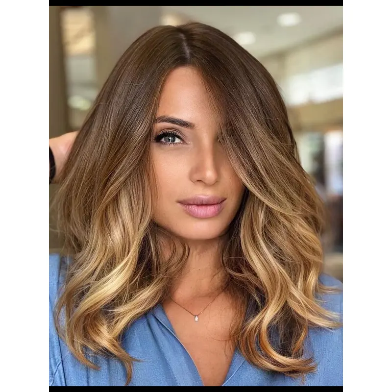 Ladies Wig Monofiliment Wavy Blonde Without Bangs Shoulder Length Synthetic Wigs