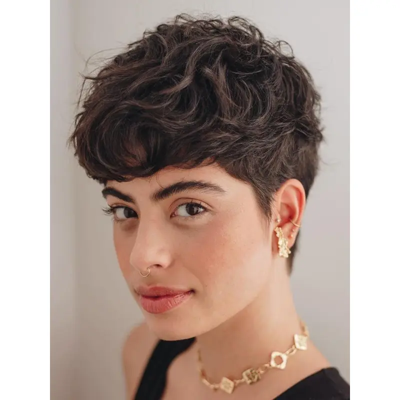 Short Curly Wigs Remy Human Hair Cropped Brown Boycuts 4" Wigs