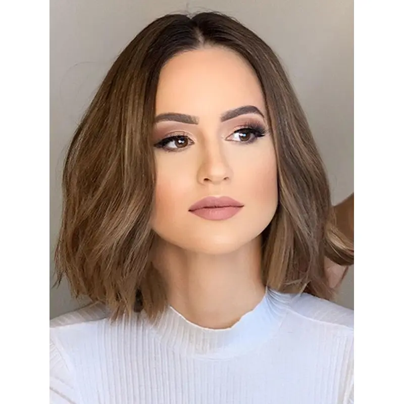 Chin Length 12" Brown Synthetic Synthetic Lace Wigs