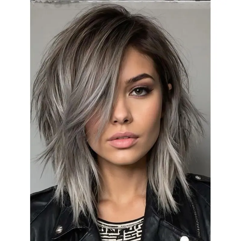 Grey Hair Wigs 12" Remy Human Hair Layered Shoulder Length Monofilament Wigs