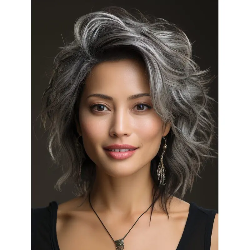 Grey Wig Layered Monofilament Synthetic 12" Shoulder Length Wigs