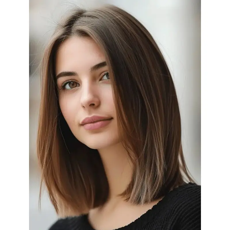 Human Hair Lace Front Wig Without Bangs Straight Brown 12" Shoulder Length Wigs