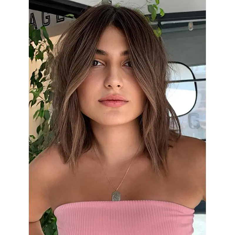 Without Bangs Brown Shoulder Length Lace Front Human Hair Wigs For Women
