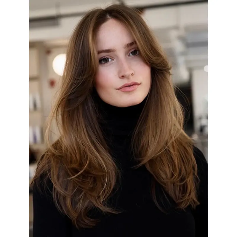 Layered Brown Long Lace Front Women Wigs Human Hair