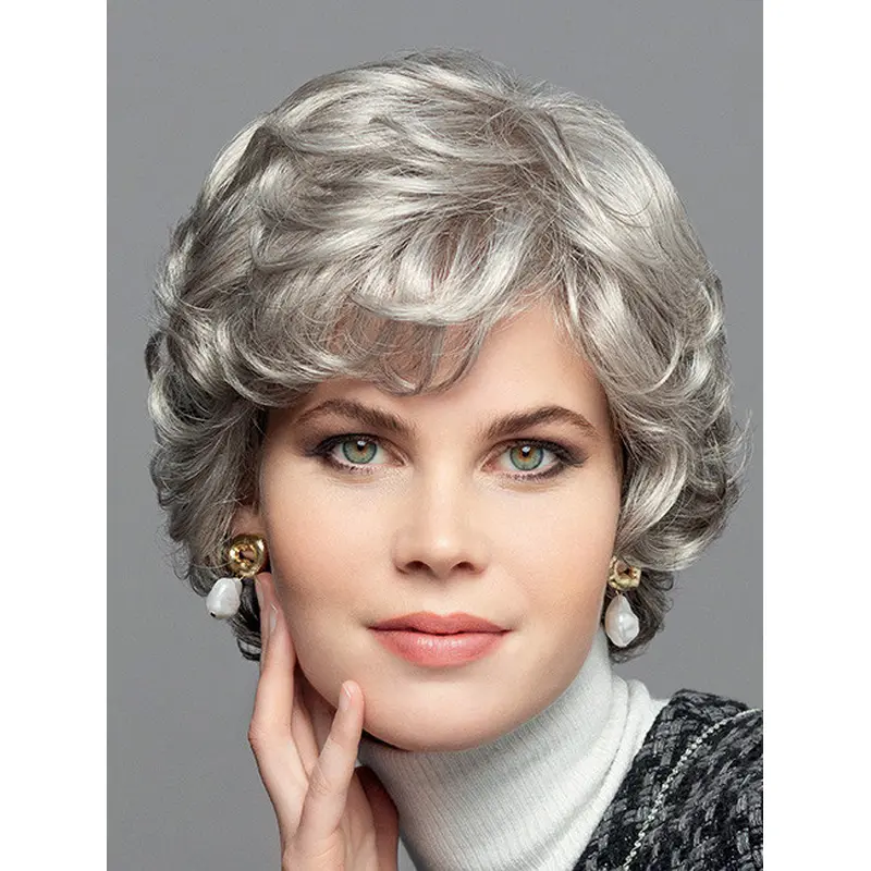 Chin Length Curly 100% Hand-tied Synthetic 10" Grey Wig