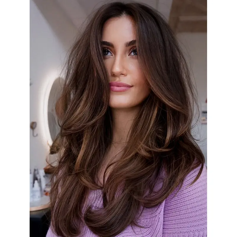 Long Brown Wig 18" Wavy Monofilament Synthetic Without Bangs Wigs