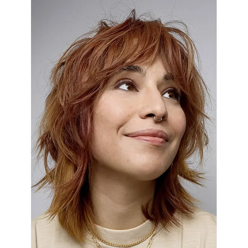 Real Hair Wigs Medium Lace Front With Bangs Auburn 12" Straight Wigs