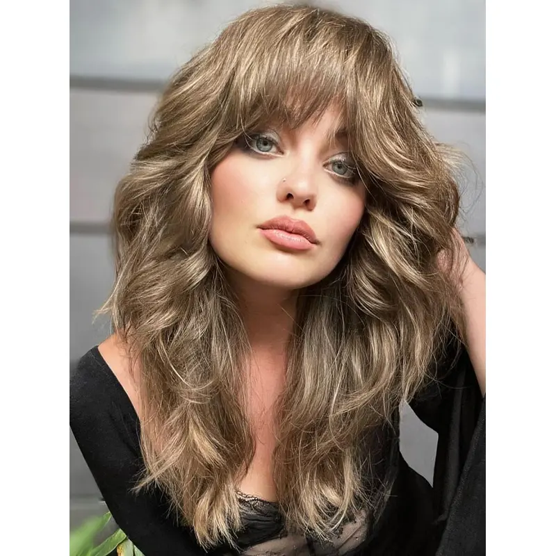 Long Blonde Wig Wavy Remy Human Hair With Bangs Monofilament 16" Wigs