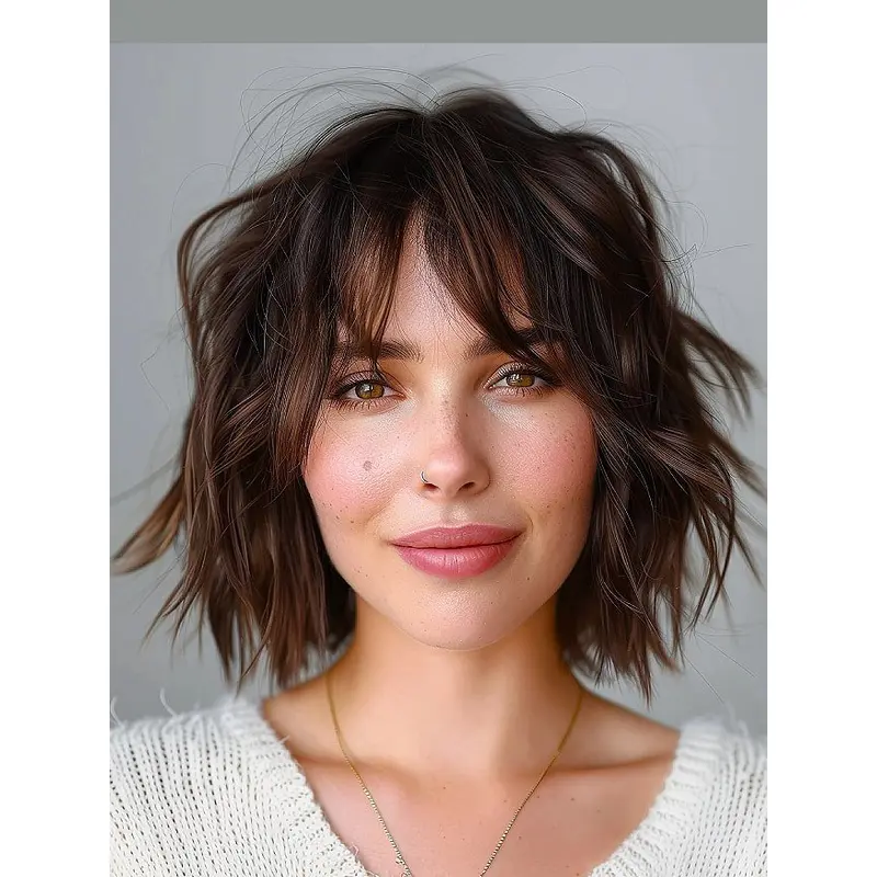 Mono Wig 10" Brown Synthetic With Bangs Chin Length Straight Wigs