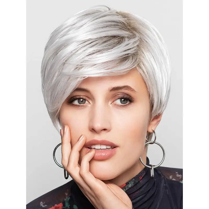 Short Straight Monofilament Synthetic 8" Grey Wigs For Women