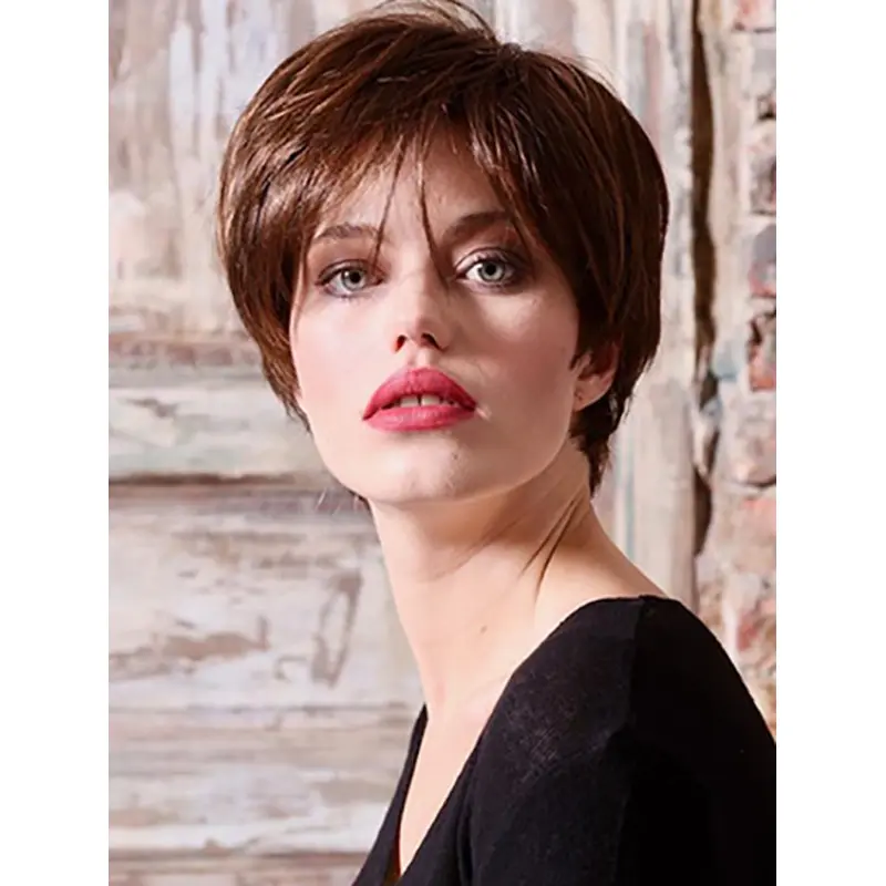 6" Straight Short Copper Synthetic Layered 100% Hand-Tied Wig