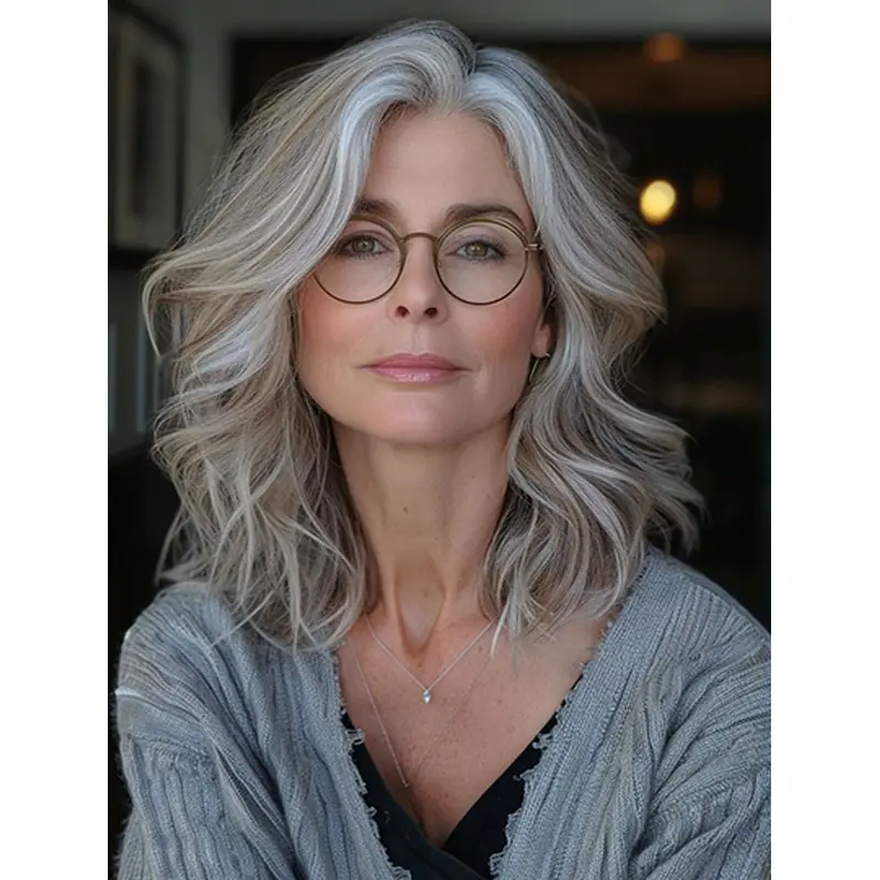 Wavy Without Bangs 10" Grey Medium Length Layered Wigs