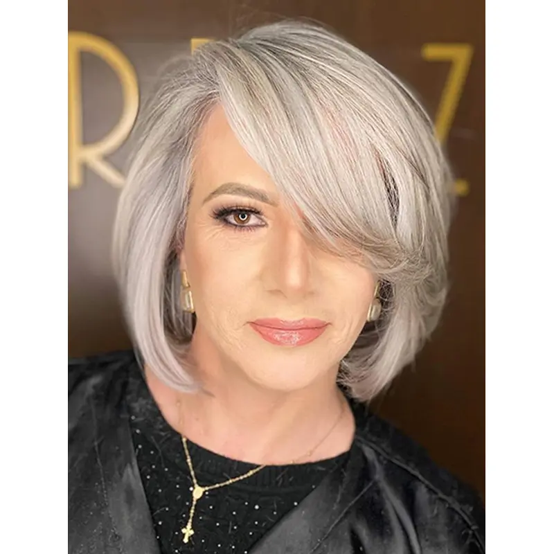 Monofilament Bobs Grey Chin Length Wigs Human Hair