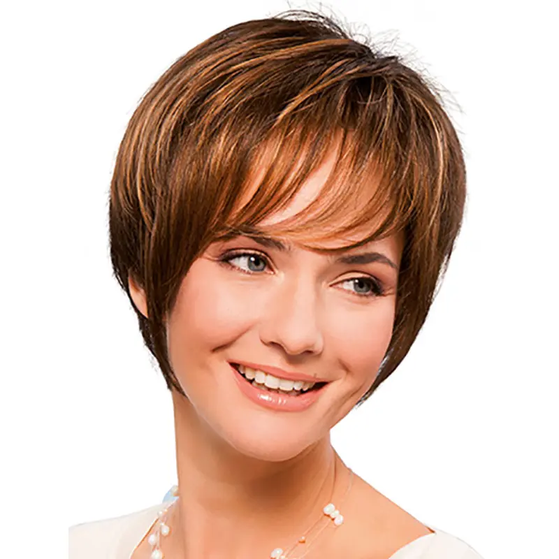 8" Straight Short Copper Synthetic With Bangs Hand Tied Wigs