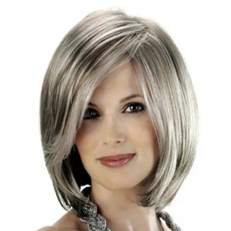 Grey Lady With Side Bangs Smooth Human Wigs