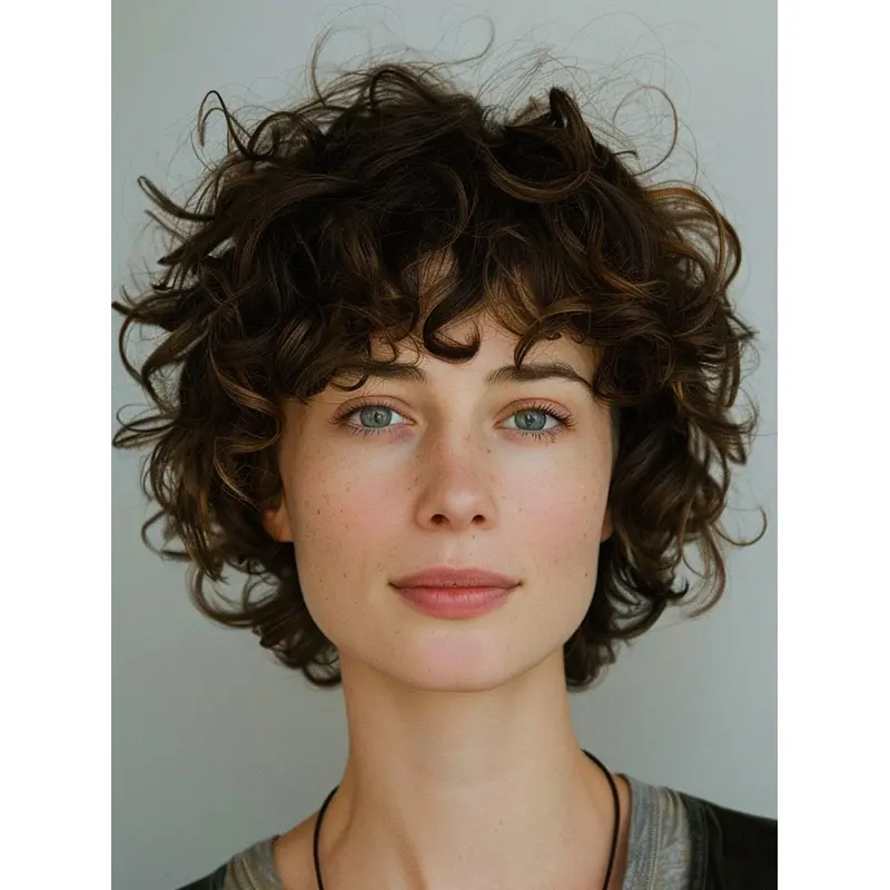 Mono Wig 10" Brown Synthetic With Bangs Chin Length Curly Wigs