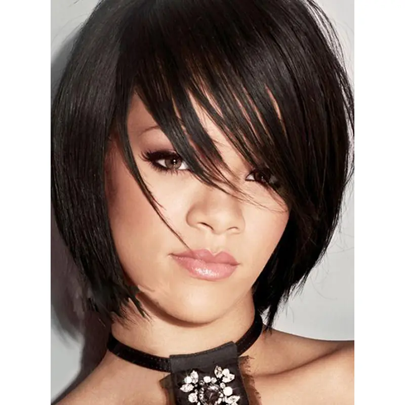 Affordable Black Straight Chin Length Rihanna Wigs