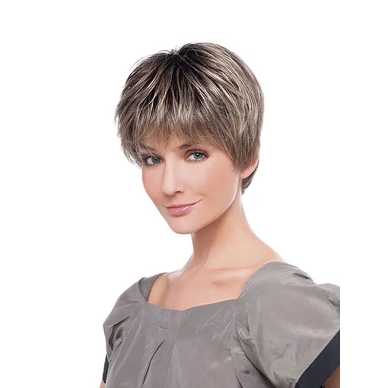 Straight Monofilament Ombre/2 Tone Synthetic 6" Layered Natural Short Wigs