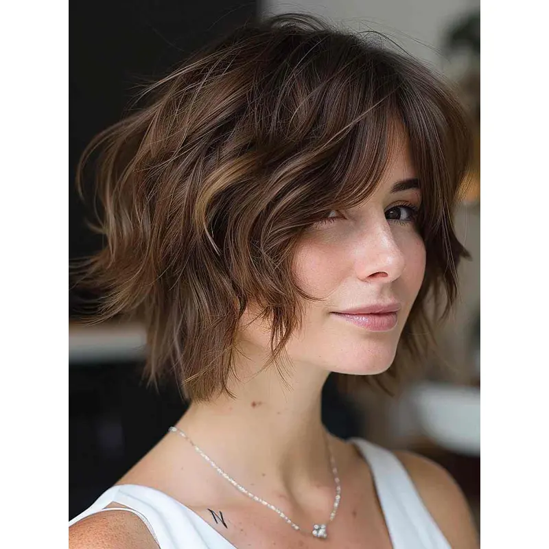 Real Hair Wigs Medium Monofilament Layered Brown 10" Wavy Wigs