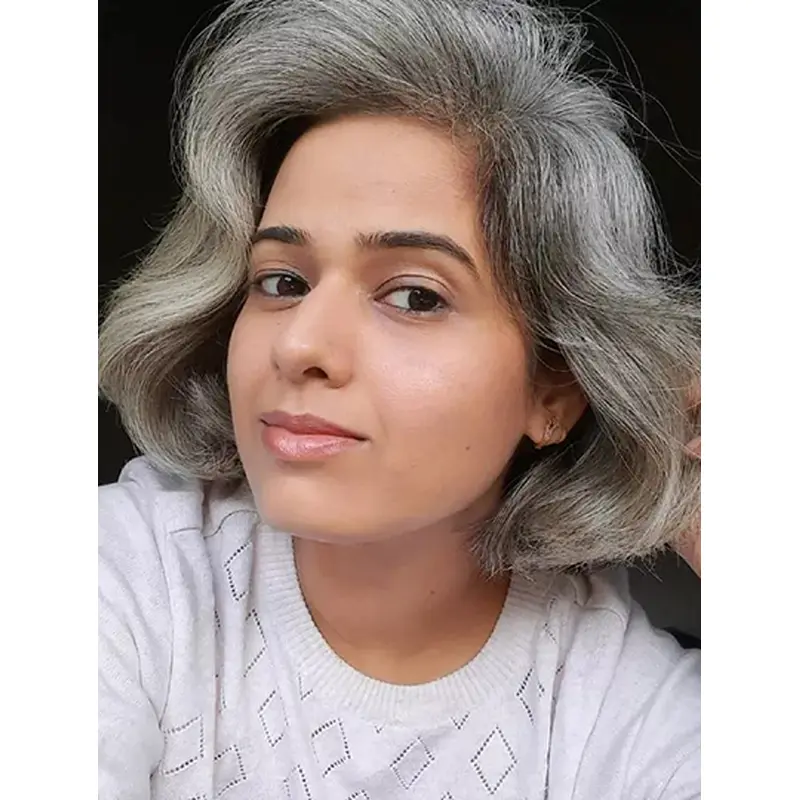 Layered 12" Wavy Chin Length Grey Lace Front Wigs