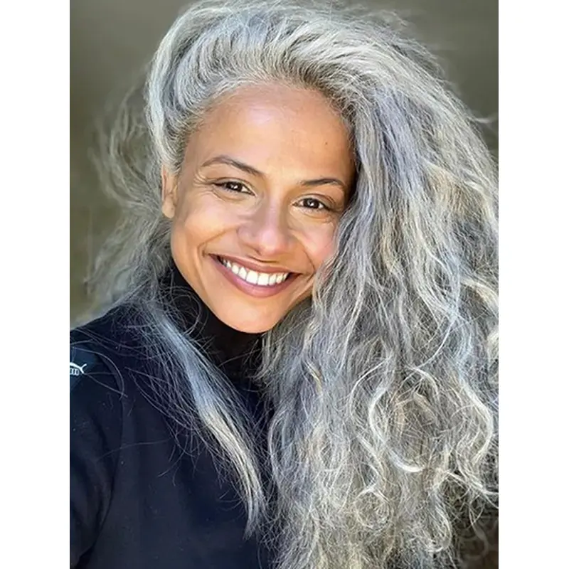 Layered Remy Human Hair Lace Front Wavy Long Grey Wig