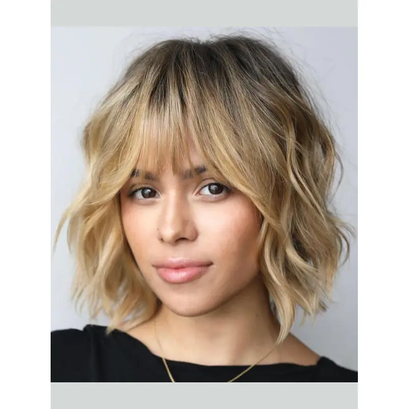 Medium Blonde Wig 10" Chin Length Synthetic With Bangs Wavy Wigs
