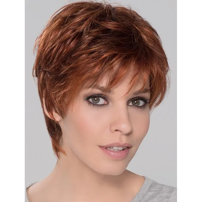 Synthetic Perfect Cropped Auburn Wavy Monofilament Wigs