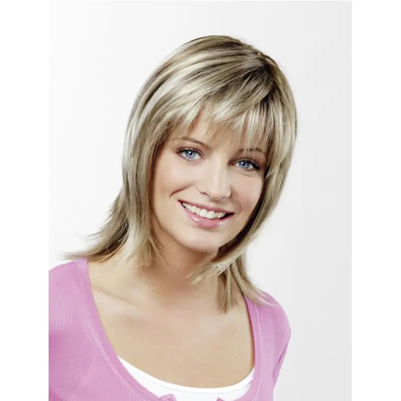 With Bangs 12" Straight Ombre/2 tone Synthetic Capless Medium Length Wig
