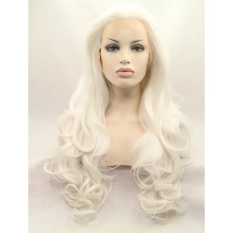 Without Bangs White 27" Curly Long Lace Front Synthetic Wigs