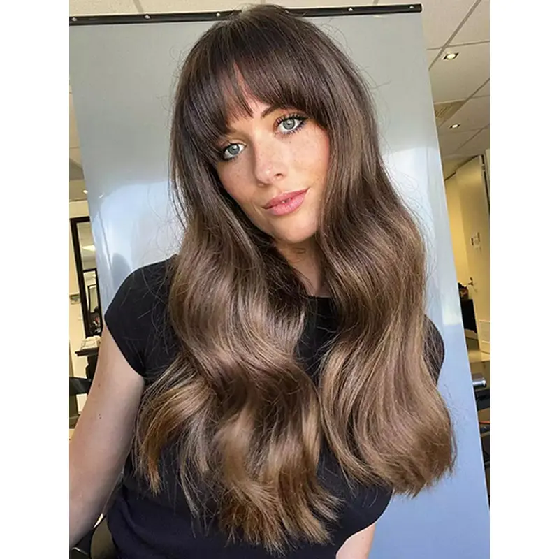 Lace Front Brown With Bangs 18" Long Hair Wigs For Women