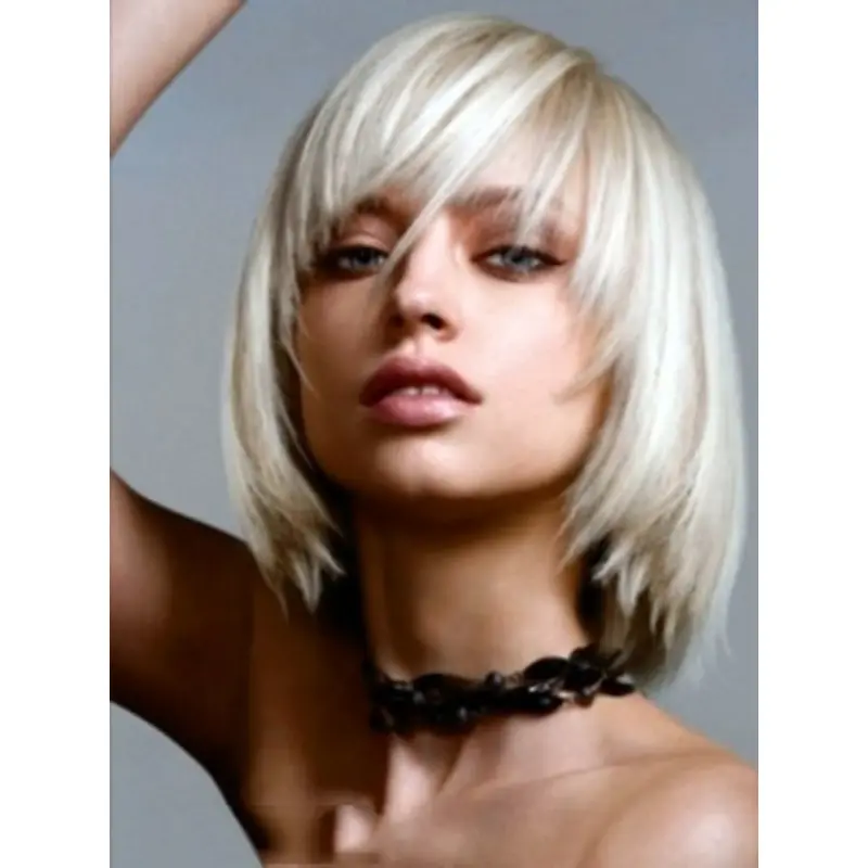 Young Fashion Platinum Blonde Medium Long Bob Straight Lace Front Wigs