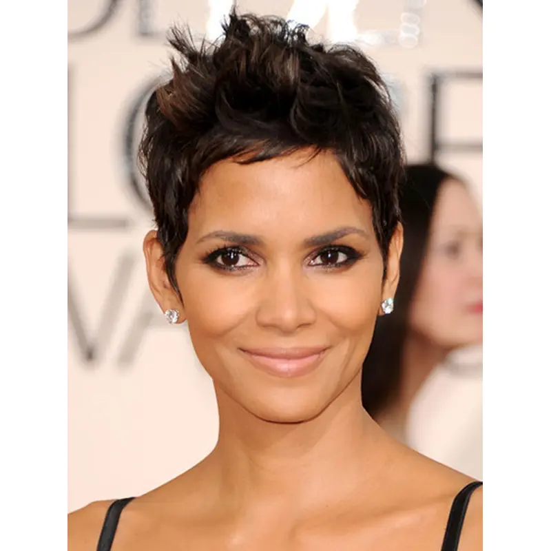 Straight Black Lace Front Cropped Boycuts Halle Berry Wigs