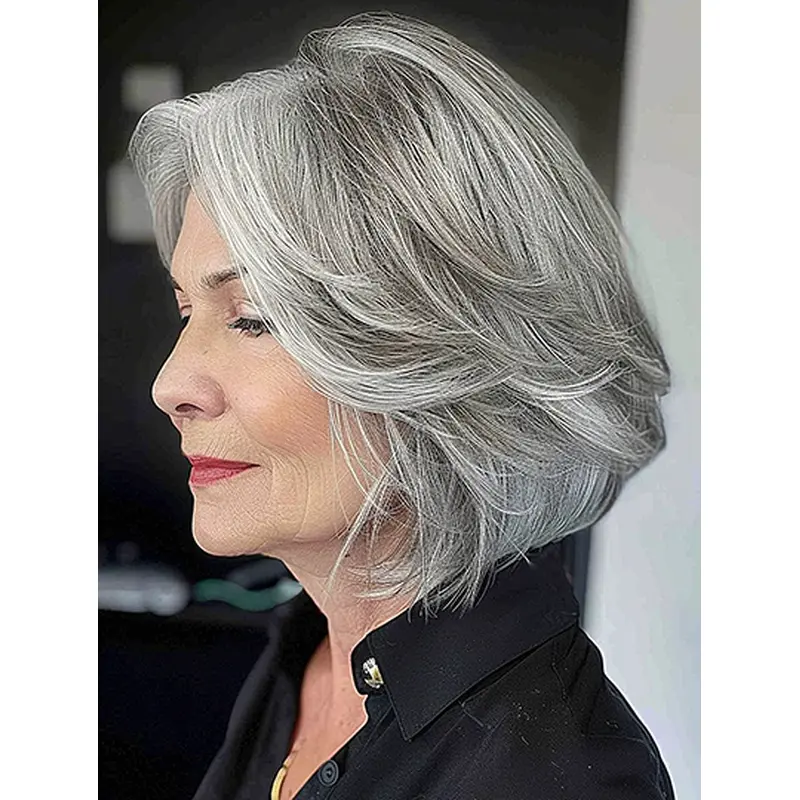12" Wavy Synthetic Grey Ladies Bob Wigs