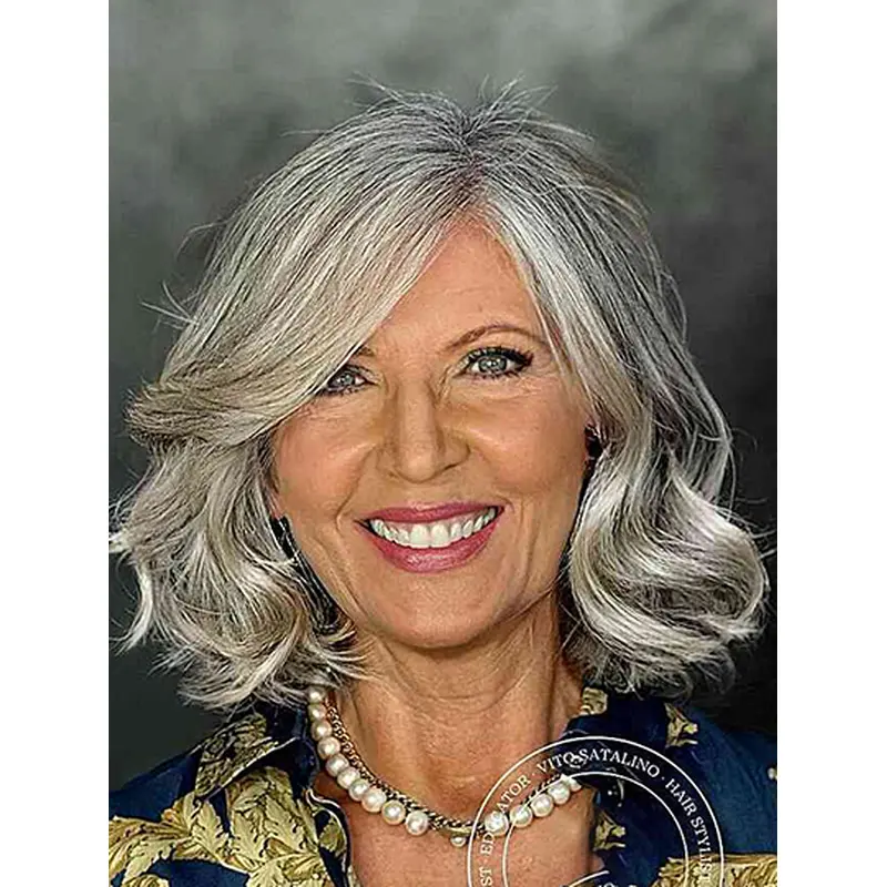 Layered 12" Wavy Chin Length Grey Synthetic Lace Front Wigs