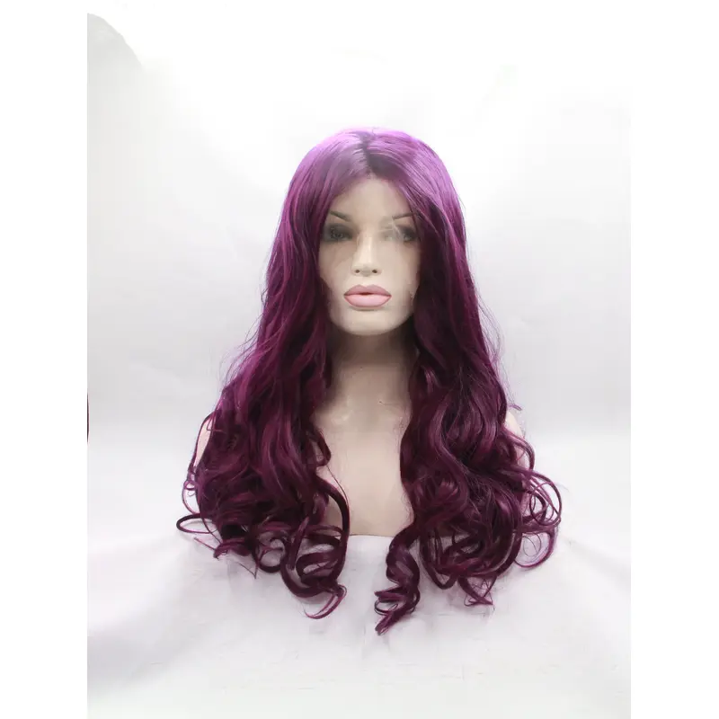 17" Curly Synthetic Purple Without Bangs Long Lace Front Wigs