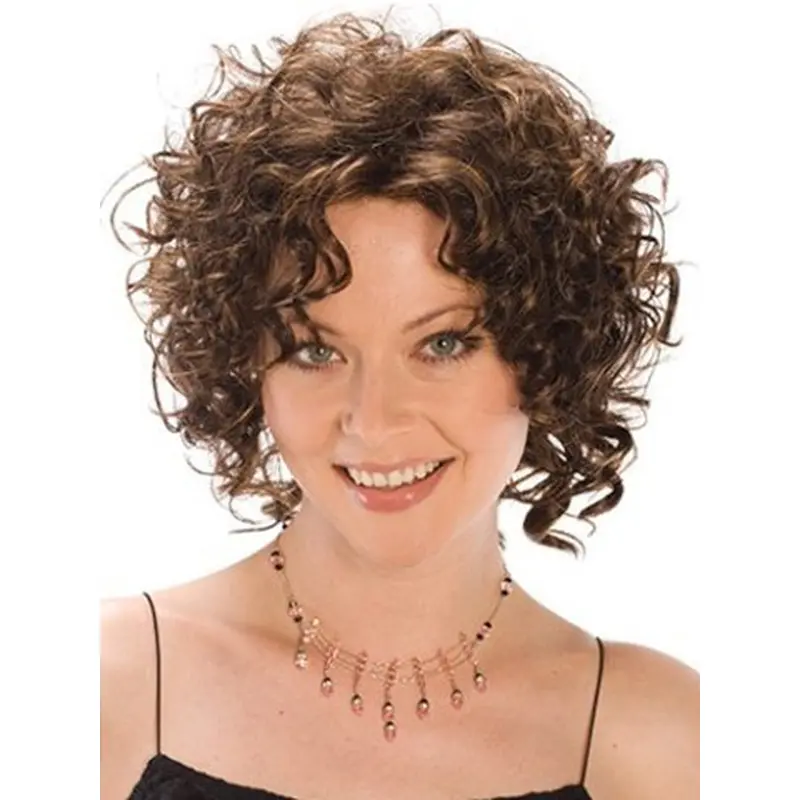 Designed Brown Curly Chin Length Synthetic Wigs
