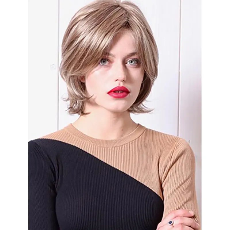100% Hand-tied Platinum Blonde Chin Length Wavy 10" Bobs Ladies Synthetic Wigs