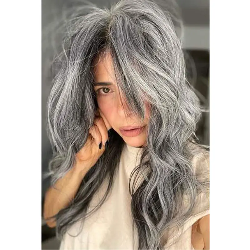 Wavy Layered 16" Grey Human Hair Wigs Long