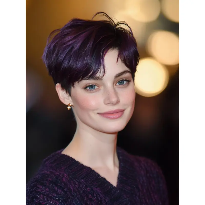 Short Pixie Human Hair Wigs 6" Boycuts Purple Monofilament Straight Wigs