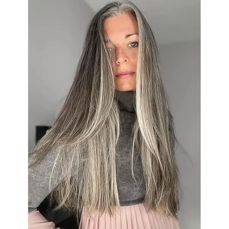 Straight Without Bangs 18" Grey Long Real Hair Wigs