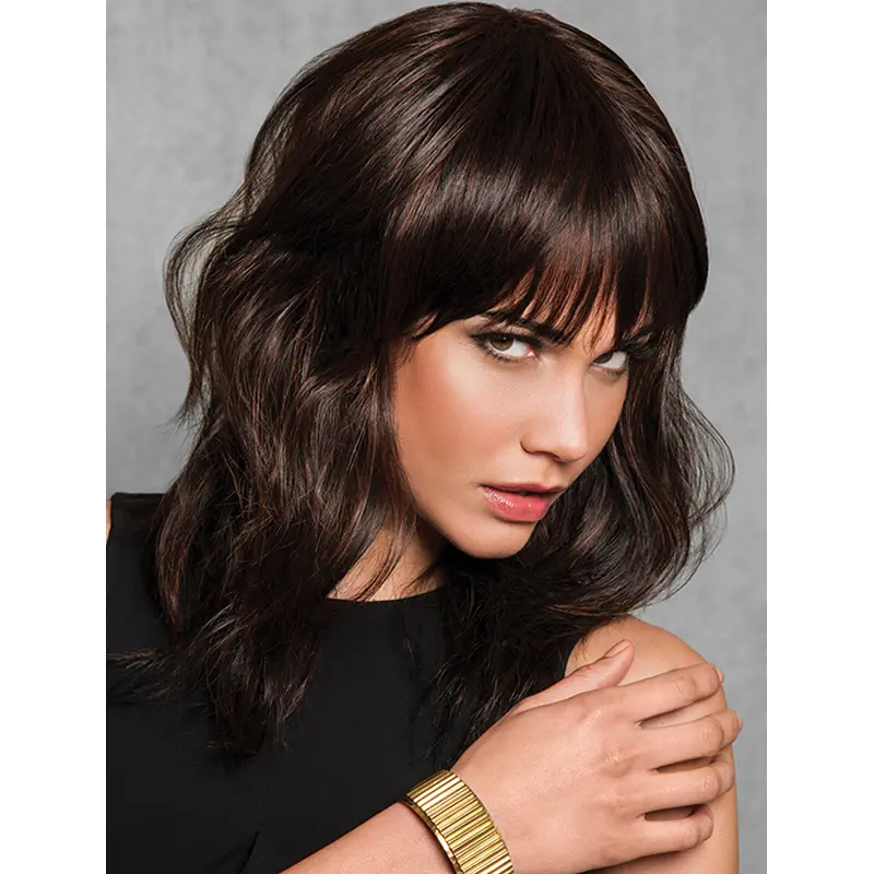 With Bangs Brown Synthetic Wavy 14" Medium Length Wigs For Women