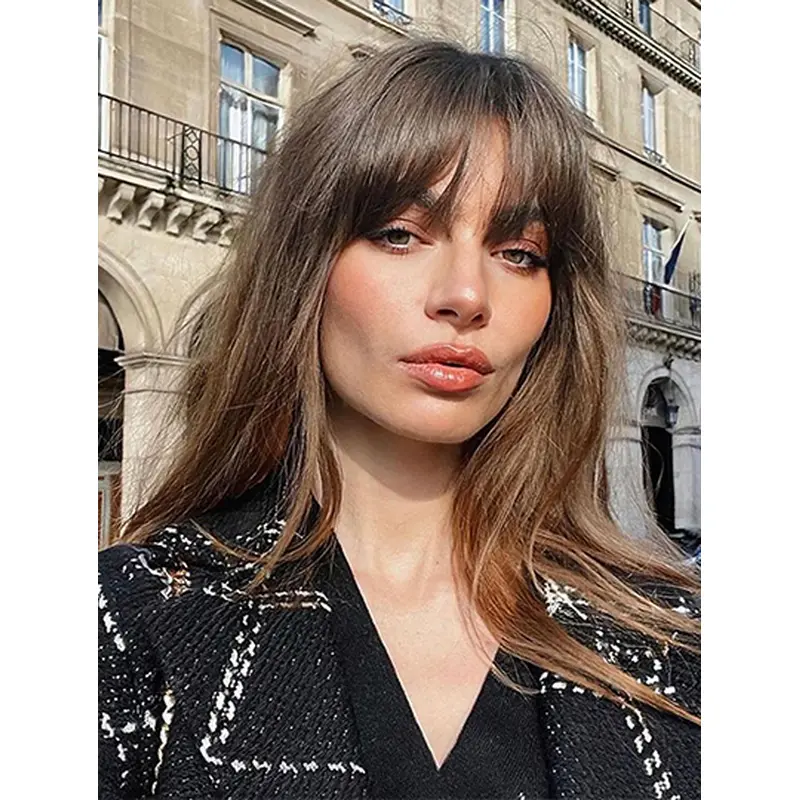 16" Wavy With Bangs Remy Human Hair Long Women Wig