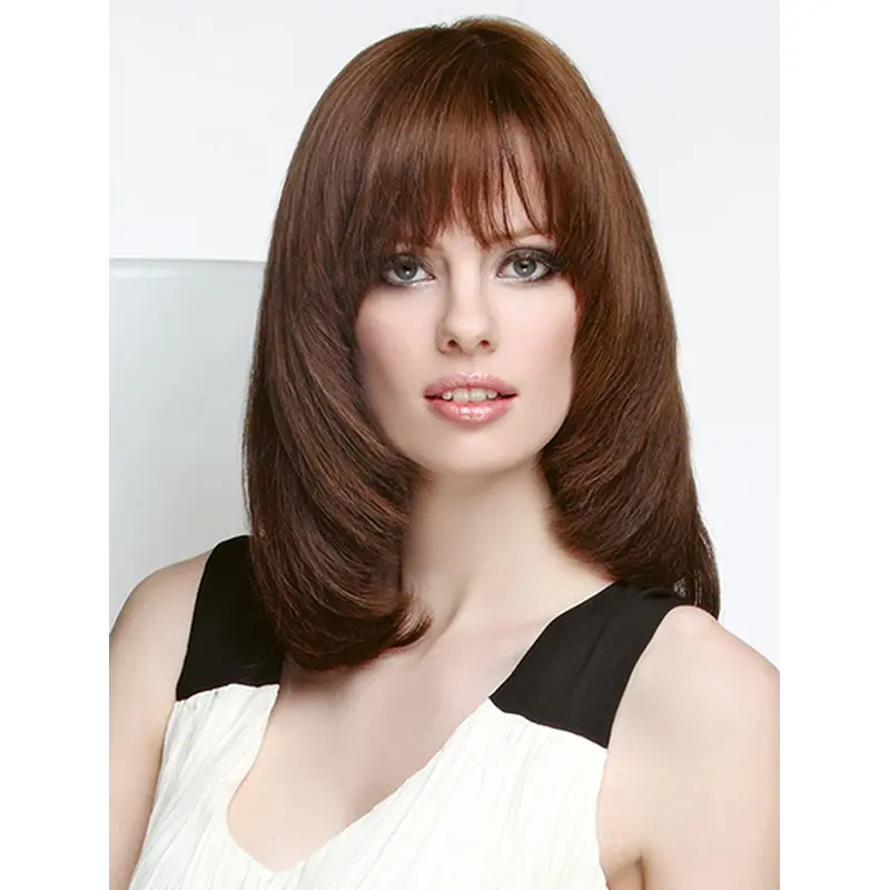 Straight Shoulder Length Brown Monofilament 14" Layered Lace Wigs