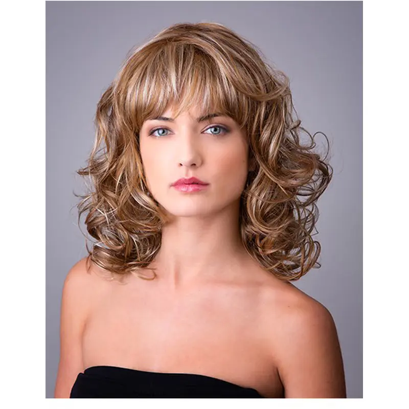 Curly Ombre/2 tone 14" With Bangs Capless Synthetic Long Hair Wigs