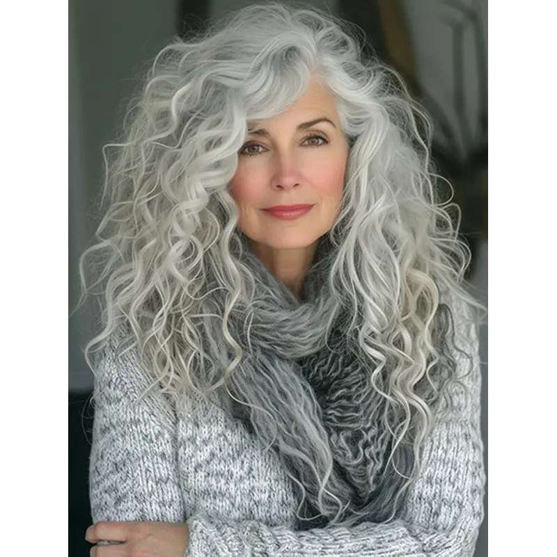16" Grey Curly Layered Monofilament Silver Wig