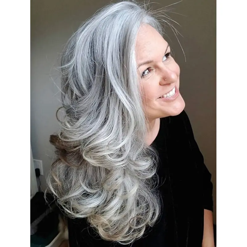 18" Grey Wavy Layered Wigs Monofilament