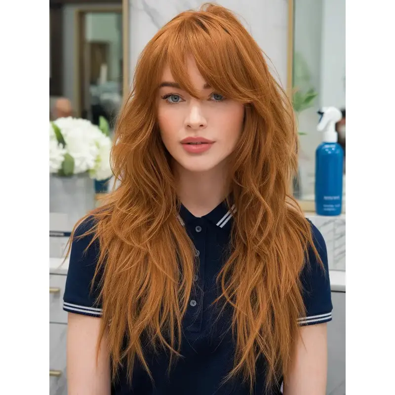 Long Hair Wigs That Look Real Copper Layered Wavy 22" Synthetic Wigs