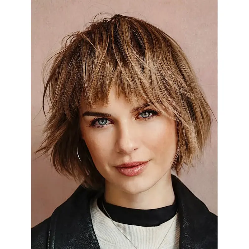 Monofilament Real Hair Wigs 10" Straight Blonde With Bangs Chin Length Wigs