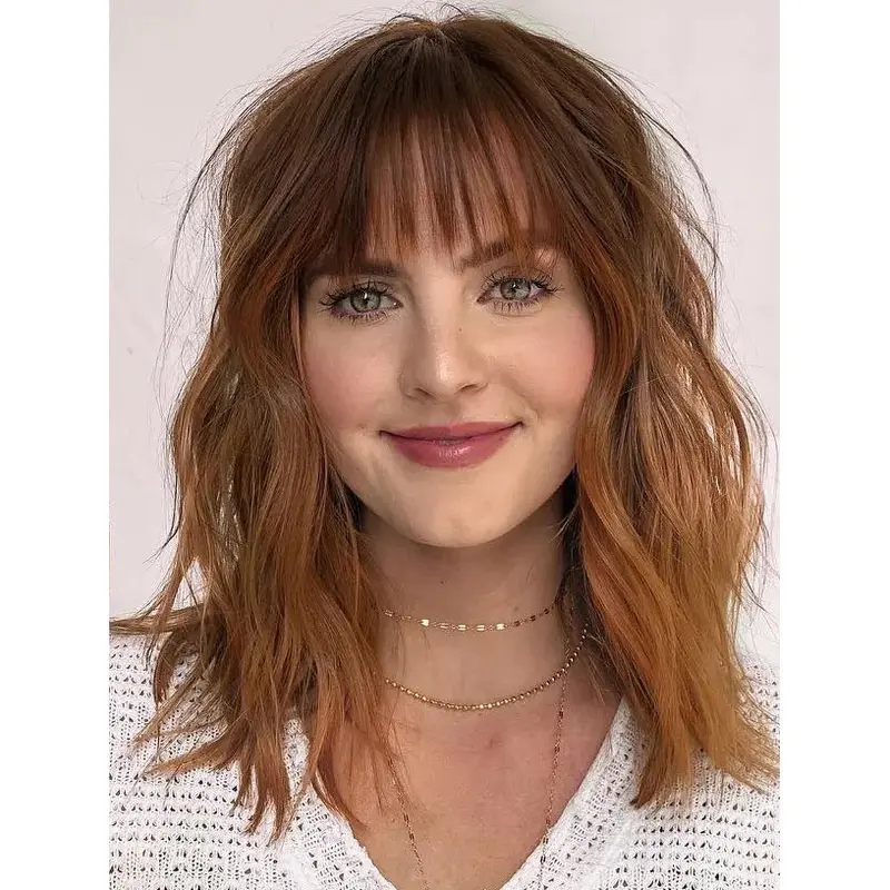Shoulder Length Wigs Lace Front With Bangs Wigs Synthetic Wavy Wigs