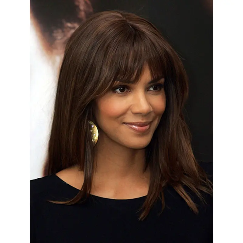 Straight Brown Lace Front Long With Bangs Halle Berry Wigs